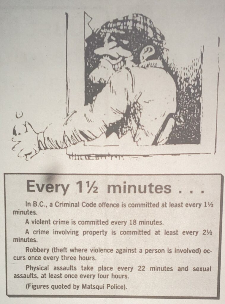 A cartoon thief attempts to break into a house. Below is a textbox that reads: Every one and a half minutes... in B.C. a criminal code offence is committed at least every one and a half minutes. a violent crime is committed every 18 minutes. A crime involving property is committed at least every two and a half minutes. Robbery (theft where violence against a person is involved) occurs once every three hours. Physical assault takes place every 22 minutes and sexual assaults, at least once every four hours. (Figured quoted by Matsqui Police)