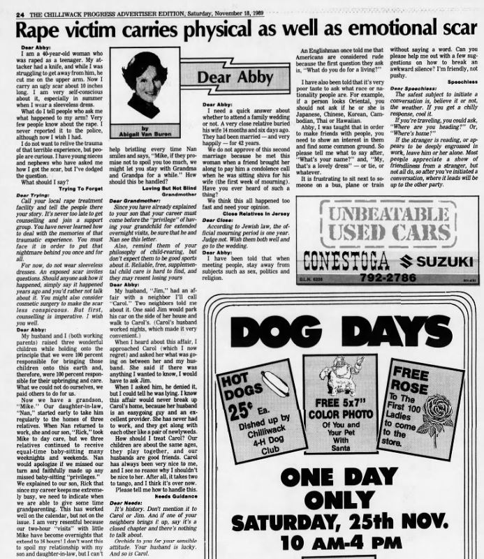 The full Dear Abby page, showing how the previous story is the headline of a section of the paper that discusses far more than just her story.