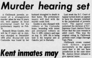 Clipping of a newspaper article detailing the murder hearing date for Kenneth Brian Goodin, a 17 year old.